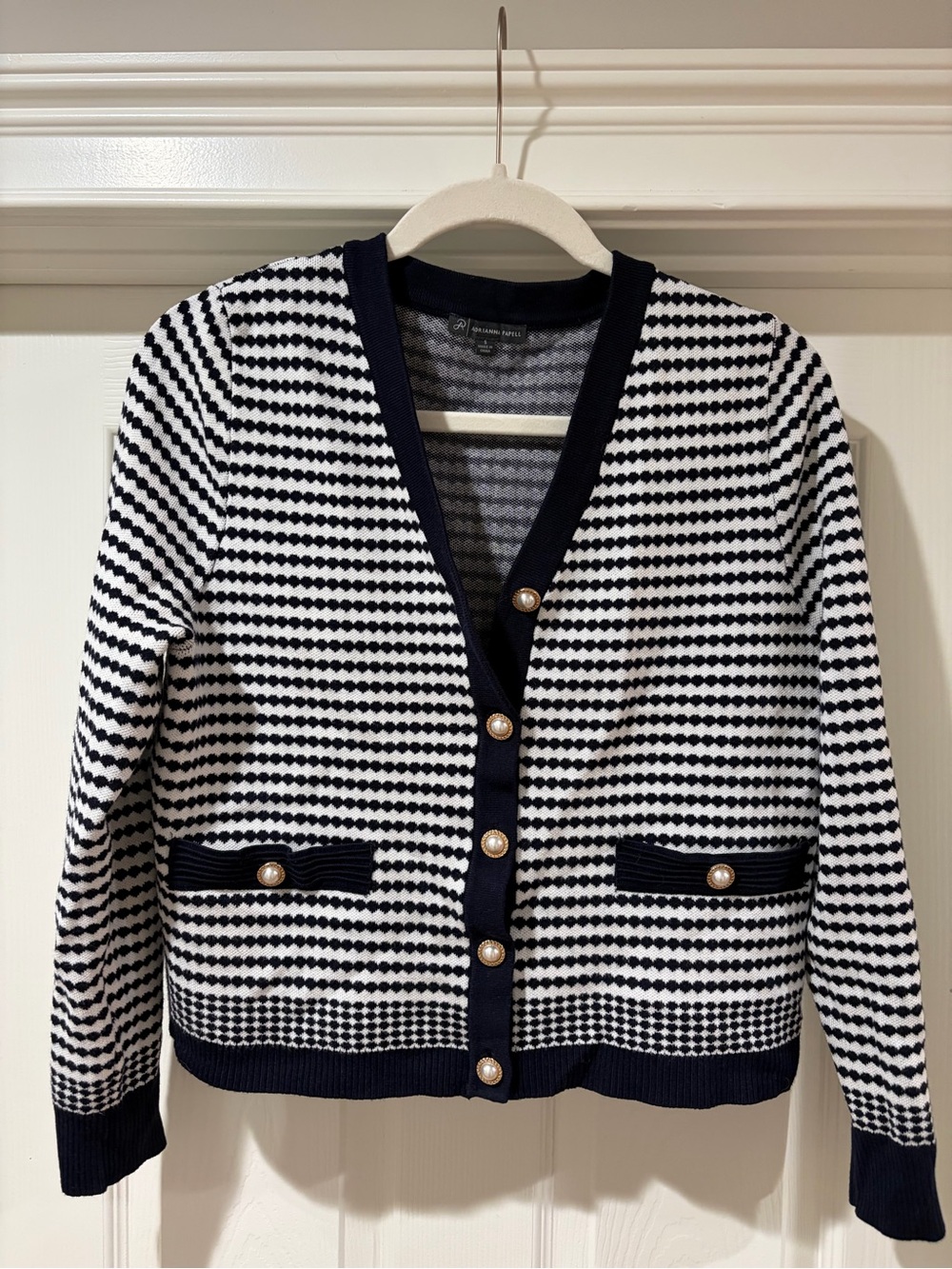 Adrianna Papell Navy and White Pearl-Button Knit Cardigan